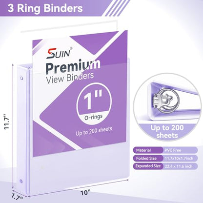 SUIN 1 Inch 3 Ring Binder, Clear 1'' View Presentation Binders with 2 Pockets, Fits 8.5 x 11 Letter Size, Durable Polypropylene, Non-Stick & PVC-Free for School, Office & Home (Pastel Purple) - color: Pastel Purple