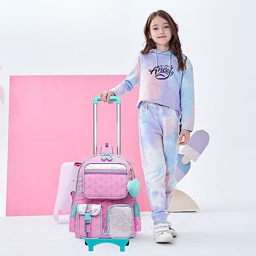 Meetbelify Pink Backpack with Wheels for Kids - Cute Carry On with Lunch Box & Pencil Case for Elementary Students - Travel Suitcase for Girls 8-10 - color: Star Pink