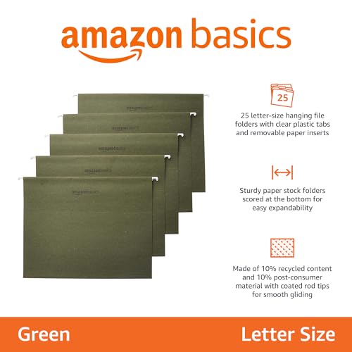 Amazon Basics Hanging File Folders with Adjustable Tabs, Sturdy Expandable Document Organizer, Letter Size 8.5x11 inch, Green, 25-Pack - color: Green, size: 25 Pack