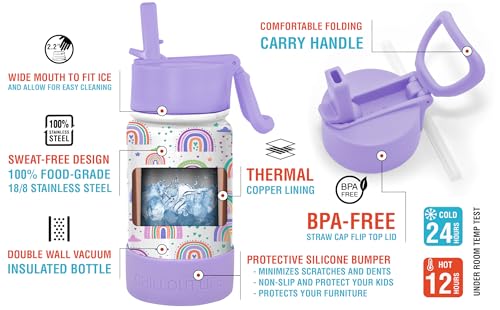 CHILLOUT LIFE 12oz Kids Insulated Stainless Steel Water Bottle with Leak Proof Straw Lid & 144 Stickers - color: Rainbows, style: 12 oz