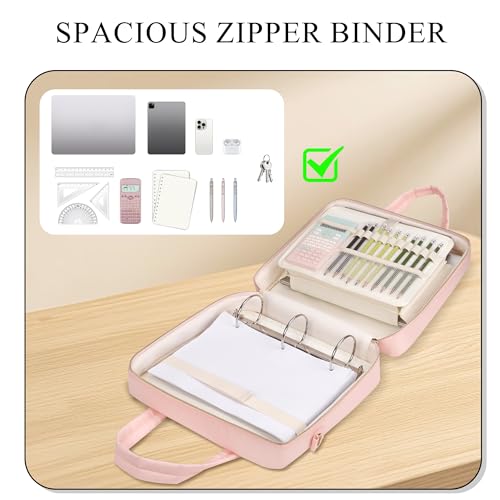 Zipper Binder | 3 Inch O-Ring, 600 Sheet Capacity Trapper Keeper with Shoulder Strap & Handle, Binder Bag with Multiple Storage Pockets, Fits 13" Laptop (Pink) - color: Pink