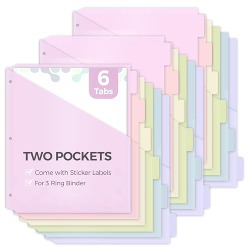 SKYDUE Binder Dividers with Pockets, 3 Sets, 6 Tabs Dividers for 3 Ring Binder, Tear-Resistant Plastic Binder Dividers for School, Office, Home - color: Pink, size: 3 SETS