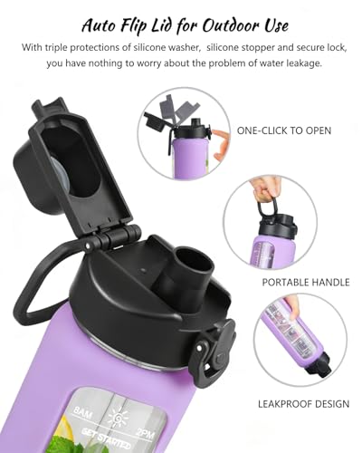Nefeeko 32 oz Glass Water Bottles with Straw, Motivational Glass Water Bottle with Time Marker, 1 Liter BPA FREE Leakproof Reusable Glass Water Bottle with Silicone Sleeve, Bamboo Lid, Spout Lid - color: Purple