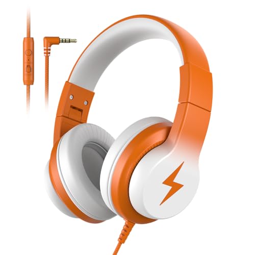 Candy Bila Kids Headphones, Wired Headphones for Kids Over Ear with Microphone, 85/94dB Volume Limiter Headphone for Girls Boys, Foldable Headphone for Learning & Entertainment, White and Orange - color: White and Orange
