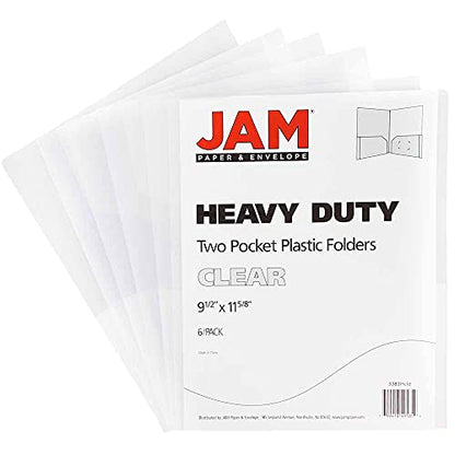 JAM PAPER Heavy Duty Plastic 2 Pocket Extra Tough School Folders - Clear - 6/Pack - color: Clear, size: 6 Per Pack