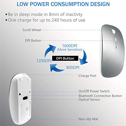 Bluetooth Wireless Mouse for MacBook Air Mac Pro Laptop Computer iPad Pad PC Laser Optical Rechargeable Mini Slim Silent Mouse Widely Used Desktop Hp iMac (Silver) - color: Silver