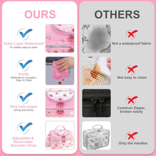 RHCPFOVR Kids Lunch Bag - Double Decker Cooler Insulated Lunch Box for Girls,Washable Lunch Bag and Reusable Toddler Lunchbox for School and Daycare - color: Strawberry