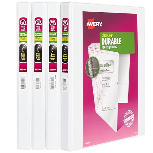 Avery Durable View 3 Ring Binders for Home, School Supplies, Office, or Organization Needs, 0.5" Slant Ring, 4 Pack White Binders (03362) - size: 0.5"