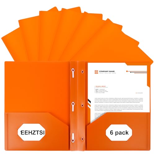 6-Pack Plastic Folders with Pockets and Prongs,2-Pocket Folders with 3 Fasteners, Holds 8-1/2" x 11" Paper for School/Office/Home, Orange - color: Orange, size: 6-Pack