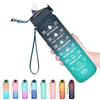 Hyeta Water Bottle with Straw & Time Marker, Plastic 32oz Leakproof | Motivational Tritan BPA Free Gym Office Outdoor Intake Tracker Hourly Reminder Straw Lid Carry Strap - color: Navy-Blue-Green