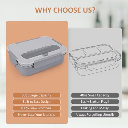 Caperci Bento Box Adult - 50 oz Large Lunch Containers for Adults and Teens, 4-Compartment Bento Lunch Box with Utensils & Leak Proof Sauce Cup, Dishwasher Safe, Durable, BPA-Free (Gray) - color: Gray