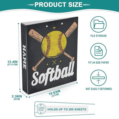 Custom 3 Ring Binder Softball 1.5" Round Ring Binders Personalized Name View Binder with 200 Sheet for School Supplies Women Men Office, 1 Pack - color: Custom Softball