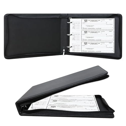 LLi Cufite 3 Rings Check Binder for End-Stub Deskbook Checks, Zipper Business Check Binder, 3 on a Page, Fit 3 & 9 Holes Check Faux Leather (9.5" x 12.6") (Black) - color: Black