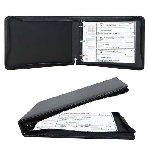 LLi Cufite 3 Rings Check Binder for End-Stub Deskbook Checks, Zipper Business Check Binder, 3 on a Page, Fit 3 & 9 Holes Check Faux Leather (9.5" x 12.6") (Black) - color: Black