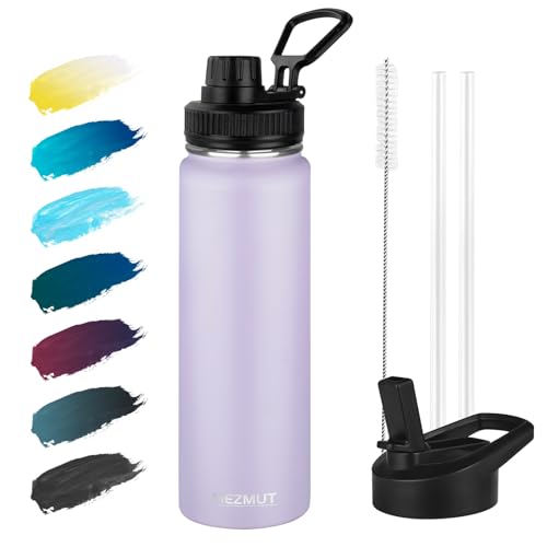 MEZMUT 24oz Stainless Steel Metal Sports Insulated Water Bottle (Purple） | Leak-Proof Reusable Travel Cup for Man, Double Wall Vacuum Cold Water Bottle with Straw and 2 Lids for Hiking, Camping, Gym - color: Purple, size: 24 Ounces
