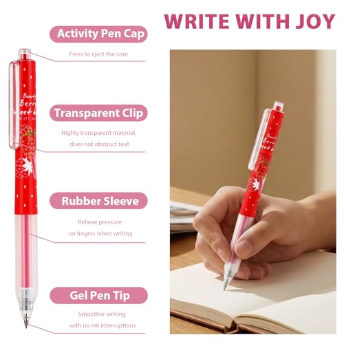 Cute Strawberry Pens Set Include Kawaii 0.5mm Strawberry Mechanical Pencil,Mechanical Pencil Lead Refills,Erasers,Gel Pens,Stickers,Strawberry Stationery Set for Office School Supplies