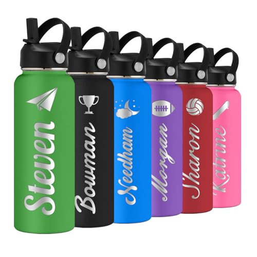 Personalized Water Bottle with Straw Lid for School,Custom Engraved Insulated Stainless Steel Sports Water Bottle with Name for Girls Boys Women Men(24oz/32oz/40oz,12 Colors) - color: Green, style: Sports