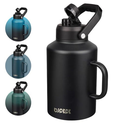 BJPKPK 1 Gallon Water Bottle with Handle, Large Dishwasher Safe 128oz Insulated Water Bottle, BPA Free Water Jug, Wide Mouth Metal Flasks with Anti-slip Bottom, Keep Cold & Hot,Black - color: Black, style: 128oz-Side Handle