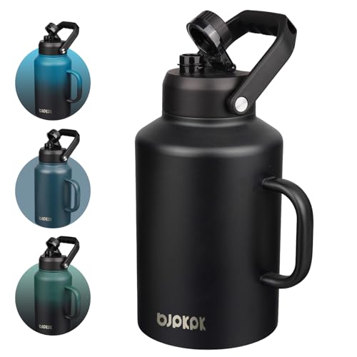BJPKPK 1 Gallon Water Bottle with Handle, Large Dishwasher Safe 128oz Insulated Water Bottle, BPA Free Water Jug, Wide Mouth Metal Flasks with Anti-slip Bottom, Keep Cold & Hot,Black - color: Black, style: 128oz-Side Handle