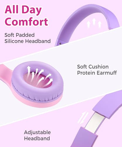 rockpapa Kids Headphones, Wired Headphones for Kids with Microphone, 85/94dB Volume Limiter Head Phones for Girls Boys, Foldable Headphone for School Tablet Laptop Purple Pink - color: Purple Pink