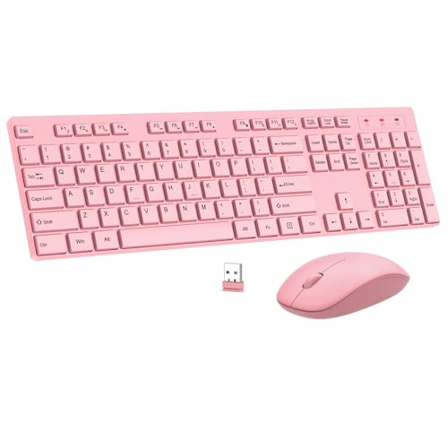 Wireless Keyboard and Mouse Combo, EDJO Silent Full Size Cordless USB Keyboard Mouse, 2.4GHz Lag-Free, Long Battery Life, for Computer, Laptop, PC, Chromebook, Windows (Pink, 1 Pack) - color: Pink, size: 1 Pack