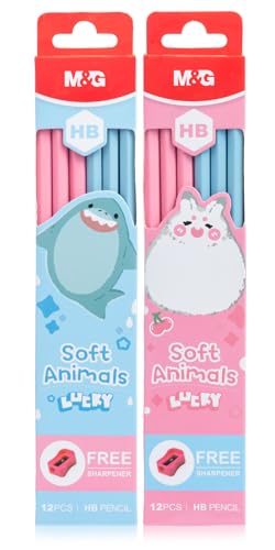 M&G Lucky Series 24 Pack HB Wood-Cased Pencils, Pre-Sharpened with 2 Mini Sharpeners, Cute Blue and Pink Hexagonal Solid Barrels with Matching Erasers for School Office Classroom Supplies - color: Lucky Series Blue & Pink, style: HB