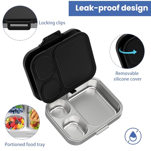 Pawtong Stainless Steel Bento Lunch Box for Kids | 3-Compartment Lunch Box Container Kids | 100% Leakproof, Eco-Friendly, Perfect Portion Control for Kids&Adult Healthy Meals (Black) - color: Black