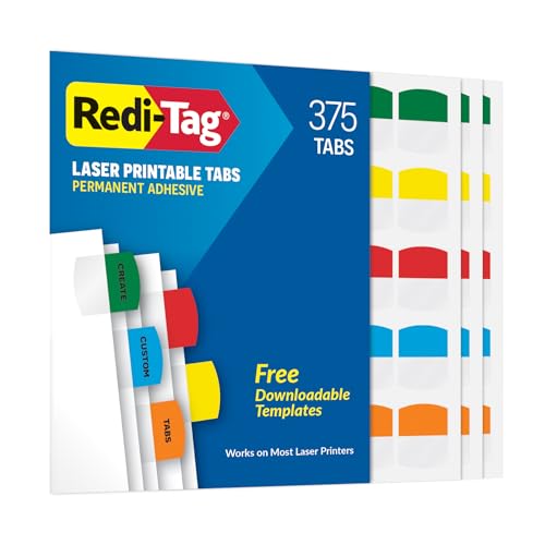 Redi-Tag Laser Printable Tabs, Permanent Index Tabs, Customizable Adhesive Labels, Assorted Primary Colors, 1.125" x 1.25", 375 Per Pack (1006556) - color: Primary, size: 375 labels
