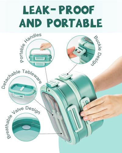 Lille Home Stackable Lunch Box, 2 Tier Stainless Steel Bento Lunch Box, 56oz Large Capacity Leakproof Lunch Containers, 4-Compartment Lunch Box with Utensils for Meal Prep, Work, Picnic(Green) - color: 2 Tier-Green