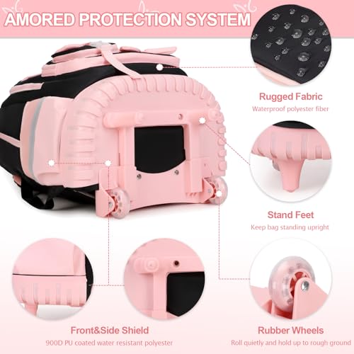 DIGOBAY Rolling Backpack for Girls, Cute Roller School Bag with Wheels, Kids Wheeled Backpacks Set with Lunch Bag Pencil Case for Teen Girls Kindergarten Elementary Middle School - color: Black-pink