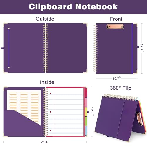 EYROZILL Spiral Notebook Clipboard with Removable Dividers Tabs, 5 Subject Notebook College Ruled, 8.5"x11" Hardcover Lined Journals with 12 Storage Pockets School Office Work Supplies