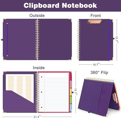 EYROZILL Spiral Notebook Clipboard with Removable Dividers Tabs, 5 Subject Notebook College Ruled, 8.5"x11" Hardcover Lined Journals with 12 Storage Pockets School Office Work Supplies