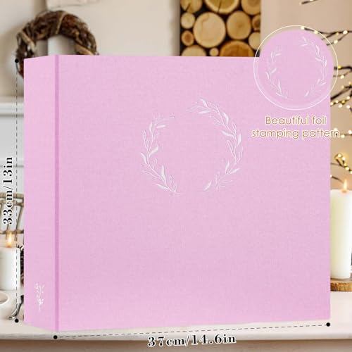Lanpn Photo Album Scrapbook 12x12, Linen Cover Wreath Design Top Load 3 Ring Folder Binder Photobook Photo Book 12 x 12 inch with 30 Plastic Sleeves 60 Pages Pink - color: Pink, size: 12x12"