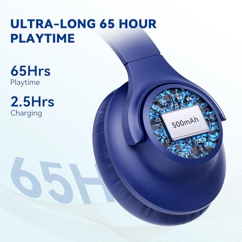 KVIDIO Bluetooth Headphones Over Ear, 65 Hours Playtime Wireless Headphones with Microphone, Foldable Lightweight Headset with Deep Bass, HiFi Stereo Sound Low Latency for Travel Work Cellphone - color: Blue