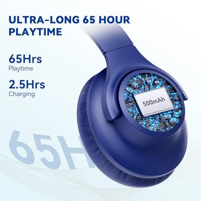KVIDIO Bluetooth Headphones Over Ear, 65 Hours Playtime Wireless Headphones with Microphone, Foldable Lightweight Headset with Deep Bass, HiFi Stereo Sound Low Latency for Travel Work Cellphone - color: Blue