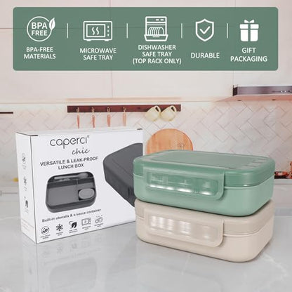Caperci Stackable Bento Lunch Box for Adult & Teens - Reinforced Leak-Proof Lunch Container 4-Compartment with Utensils & Sauce Container, BPA-Free, Dishwasher/Microwave Safe, 47oz (Khaki Green) - color: Khaki Green