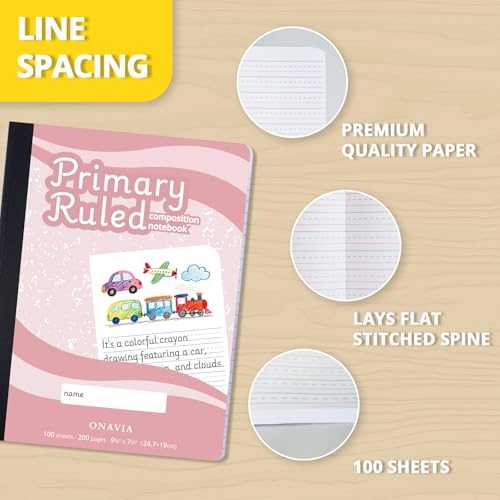 ONAVIA Primary Composition Notebook K-2, Primary Ruled Journal with Picture Space, 9-3/4 x 7-1/2, Bulk Marble Notebooks for School, Kids, Kindergarten Draw and White Story Journals, 4 Pack | 100 ct, 9.75 x 7.5 in, Primary Journal Grades K-2, Picture Space