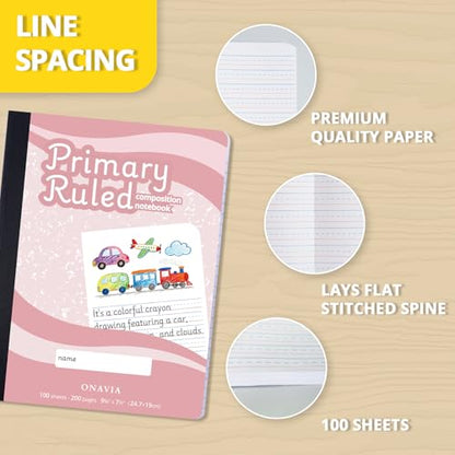 ONAVIA Pink Primary Composition Notebook K-2 Bulk, Drawing Space, 200 Pages | 100 Sheets, 9.75 x 7.5 in, 12 Pack, Draw and Write Primary Composition book, Kindergarten Writing Journal - color: Pink, style: 12 Pack
