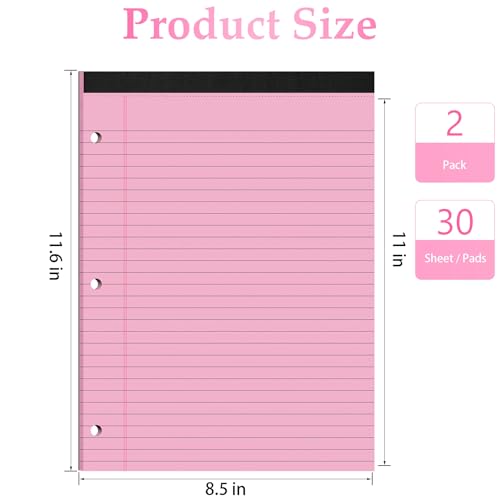 HAUTOCO 2 Pack 8.5 x 11 Legal Pads Pink Wide Ruled Notepads Perforated Writing Pads, 30 Sheets Per Notepad, 3-Hole Punched Paper, Writing Note Pads for School, Home, Office, Business - color: Pink