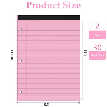 HAUTOCO 2 Pack 8.5 x 11 Legal Pads Pink Wide Ruled Notepads Perforated Writing Pads, 30 Sheets Per Notepad, 3-Hole Punched Paper, Writing Note Pads for School, Home, Office, Business - color: Pink