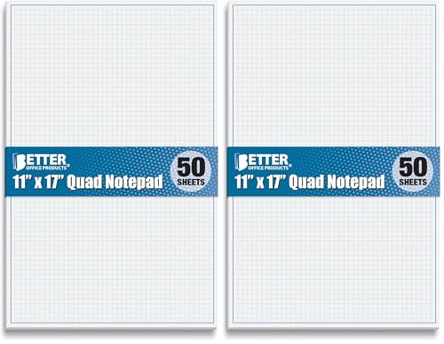 Graph Paper Pad, 17" x 11", 50 Sheets, Blue Line Border, Blueprint Paper, Double Sided, White, 4x4 Blue Quad Rule, Easy Tear Sheets, Grid Paper, Graph Paper by Better Office Products (Pack of 2) - size: 11 x 17-inch (Pack of 2)