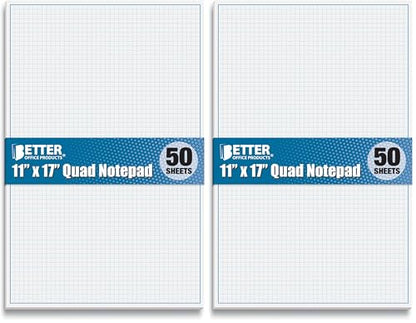 Graph Paper Pad, 17" x 11", 50 Sheets, Blue Line Border, Blueprint Paper, Double Sided, White, 4x4 Blue Quad Rule, Easy Tear Sheets, Grid Paper, Graph Paper by Better Office Products (Pack of 2) - size: 11 x 17-inch (Pack of 2)