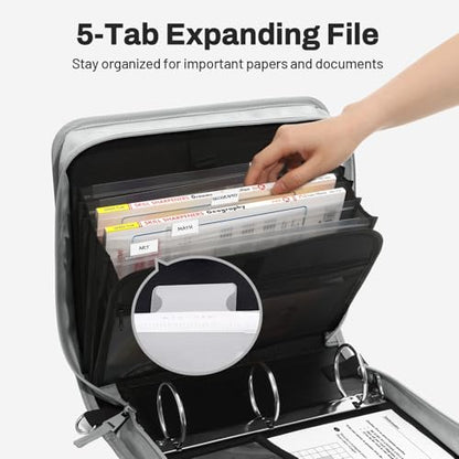 SUNEE Zipper Binder 3 Ring, 3 Inch O-Ring with Handle and Shoulder Strap, 600-Sheet Capacity, 5-Tab Expanding File Folder, Multi-Pockets for Middle School Organizer Binder with Zipper, Light Grey - color: Light Grey