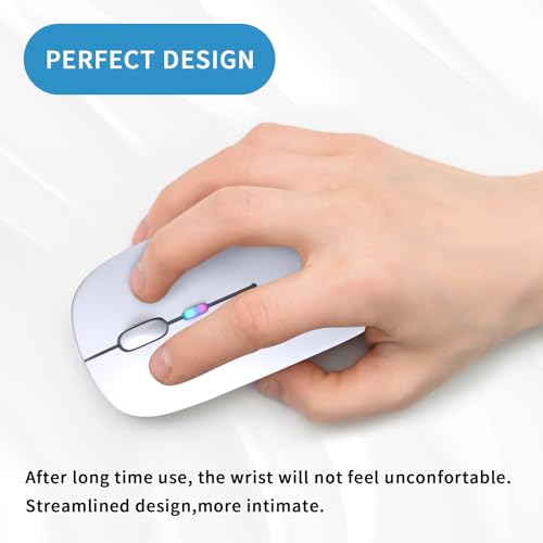 Wireless Bluetooth Mouse, Rechargeable, LED, Silent, Ultra-thin Design (Bluetooth 5.2 and 2.4GHz USB Receiver) | Portable Computer Mouse for Laptops, iPads, MacBooks and Apple Devices (white) - color: white