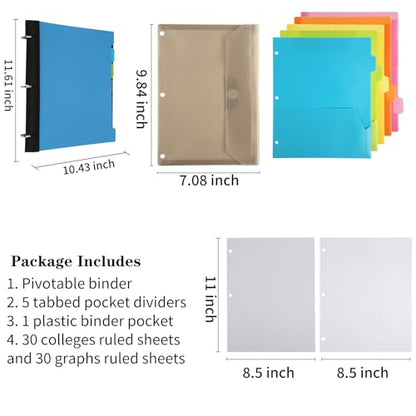Pivotable Refillable Notebook, 3 Ring Binder Notebooks 1 Inch, Notebook with Dividers and Pockets, Folder Notebook, Flexible Binder, Soft Binders 3 Ring, Foldable Binder- Blue - color: 1 Pcs Blue