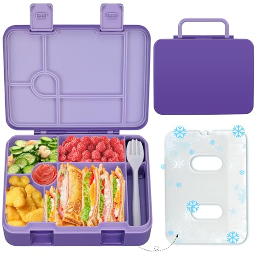 Kids Bento Lunch Box with Ice Pack, 5 Compartments Leak-Proof Bento Box with Utensils, 5.5-Cup Capacity for Adults & Ages 8+, BPA Free, Microwave & Dishwasher Safe, Purple - color: Purple