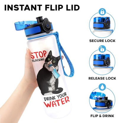 Funny Cat Hydration Water Bottle 32oz with Time Marker, Cute Cat Mom Gift for Women, Reusable Daily Motivation Drinking Bottle with Handle & Lid - color: Cat