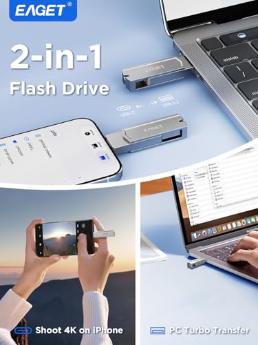 EAGET 256GB Flash Drive, USB C 2-in-1 USB-C & USB-A 150MB/s High-Speed Thumb Drive, Dual Connector Memory Stick for iPhone 15/16/17, Android, MacBook, Laptop, Tablet, PC - Metal Body - size: 256GB