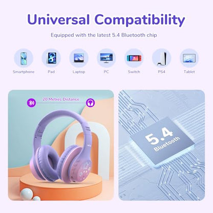EarFun K4 Kids Bluetooth Headphones, Wireless Headphones with LED Lights | 74/85/94dBA Volume Limited, Built-in Mic, 90H Playtime, Bluetooth 5.4 Over Ear Headphone for iPad/Tablet/School, Violet - color: Gradient Violet