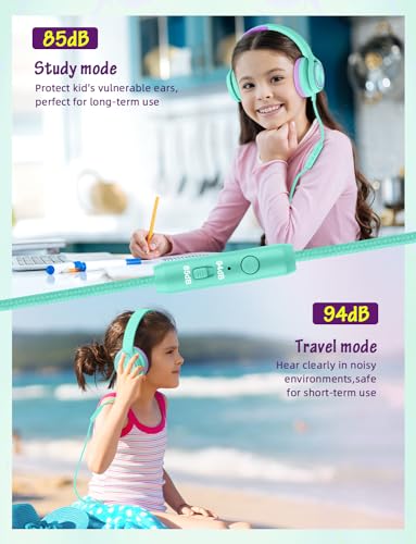Voopwink Kids Headphones with Microphone, Wired Over Ear Headsets with Limited Volume 85dB/ 94dB for Boys Girls Teens Children Online School/Travel/iPad/Tablet/Cellphone - color: Light Green, size: Plug 3.5mm